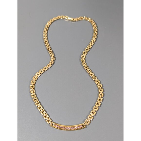 Gold Tone Panther Link Chain Pink Rhinestone Birthstone Statement Necklace 18" - Picture 2 of 11